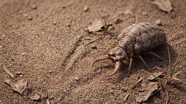 Antlion larva crawling on sandy ground