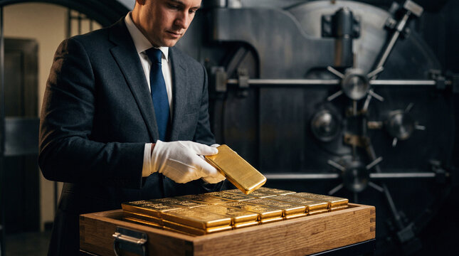 Banker in suit wearing white glove holds gold bar over wooden crate in vault. Professional secure storage and financial management of precious metal reserves. Banking safety concept.