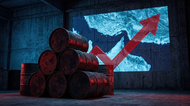 Dark bunker command center featuring projection map of Strait of Hormuz and red arrow behind pyramid stack of oil barrels