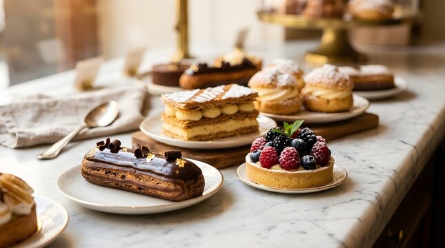 Selection of classic French pastries including mille-feuille and fruit tarts on a marble bakery counter