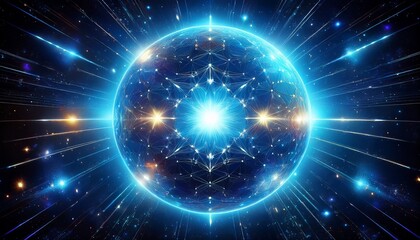 Naklejka premium Abstract Glowing Blue Orb Surrounded By Cosmic Energy And Twinkling Stars In Deep Space