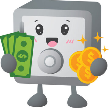 Cute safe character holds cash and coins