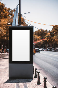 Vertical advertising template on an empty sidewalk display beside a sunlit avenue, with passing traffic, pedestrians, bollards, trees and decorative string lights