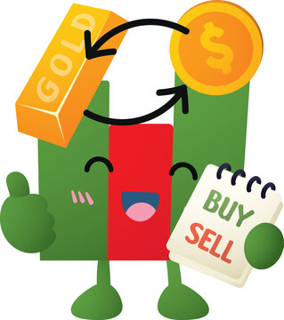 Green cartoon character holds gold bar and coin