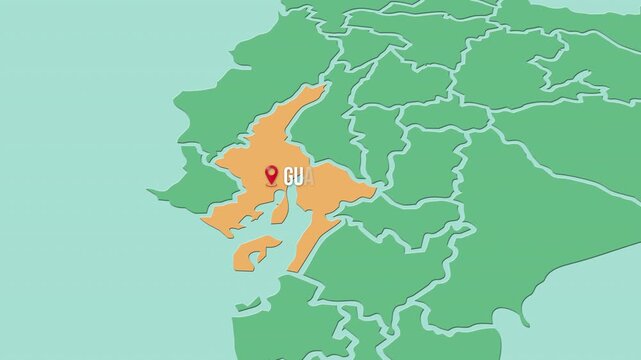 Mapa de Ecuador con divisi&oacute;n pol&iacute;tica resaltando la provincia Guayas con su capital Guayaquil