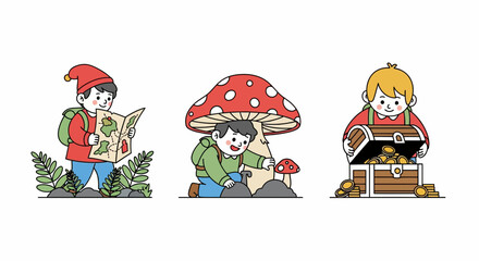 Fototapeta premium Kids treasure hunt adventure and forest exploration vector set