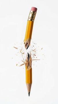 Sharp yellow pencil snapping and exploding in mid air against white background
