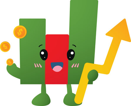 Cartoon character joyfully holds coins and a rising arrow