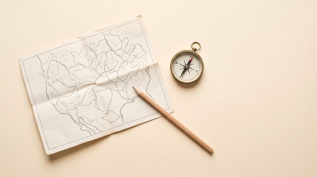 Vintage compass with paper map and pencil on beige background representing travel planning and adventure