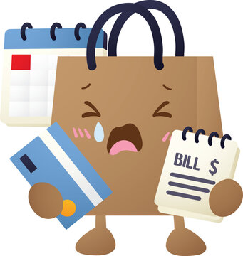 Crying shopping bag holds credit card and bill