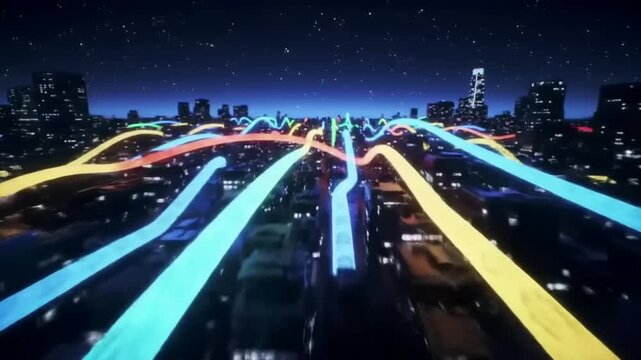 City streets colorful lines night
