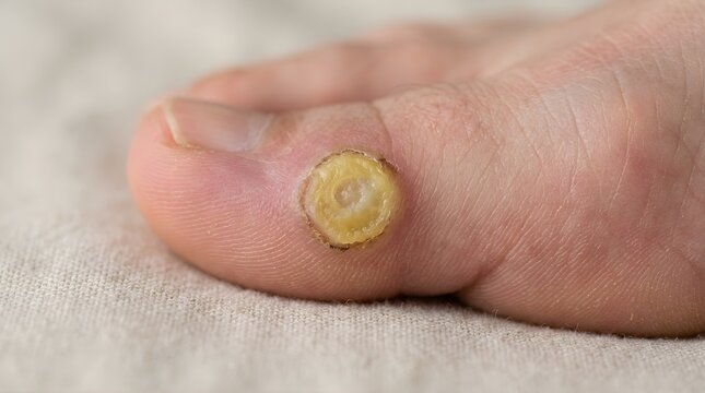 Detail view of a foot corn on a human toe showing thickened skin and callus for health care