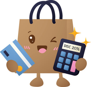Cartoon shopping bag smiles, winks, holds credit card and calculator