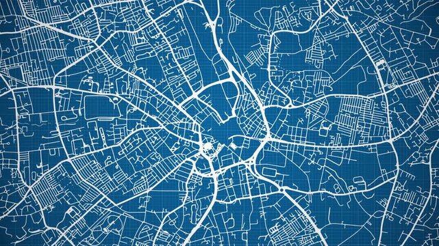 Ink reveal animation of Birmingham city, West Midlands, England, United Kingdom, grid map. Aerial top view. Blueprint style. White lines with blue background. 4K Seamless loop.