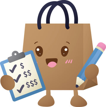 Cartoon paper bag character smiles cheerfully