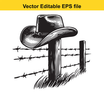 Cowboy hat on a fence post with barbed wire and grass, isolated on white background