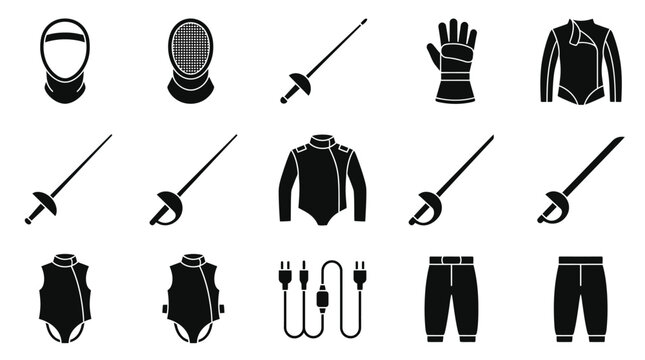Fencing sport equipment silhouette icons set on white background
