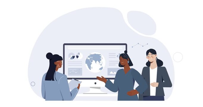 Isometric animation of a business team discussing analytics and project performance in a modern office. On-screen text: Working and Read More 