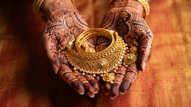 Closeup of hands with henna holding traditional indian gold jewelry set