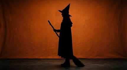 Vintage Witch Broom and Black Hat on Rustic Wooden Floor