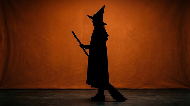 Vintage Witch Broom and Black Hat on Rustic Wooden Floor