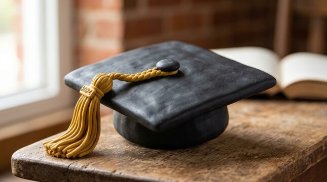 Black 3D clay graduation cap with gold tassel on wooden table surface for graduation