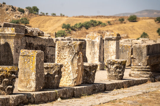 Carved stones at the archaeological site of Dougga, in Teboursouk, outside of Tunis, Tunisia