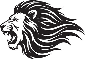 Aggressive lion head roaring with a flowing mane in a bold black and white tribal style vector art illustration © sajed