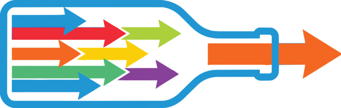 Conceptual illustration of a business bottleneck process with colorful arrows flowing through a narrow bottle neck