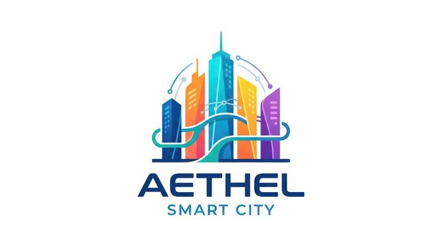 Aethel smart city logo design with vibrant colorful buildings and digital pathway graphics.