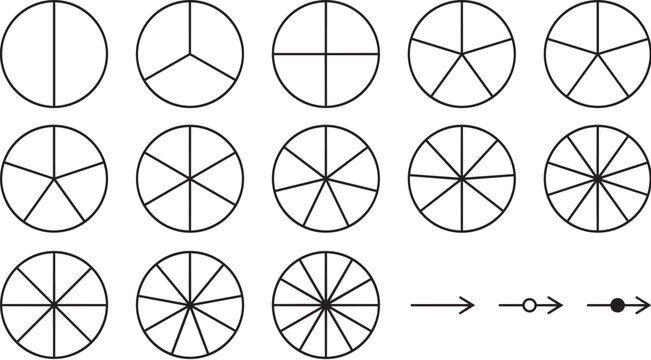 Set of circular diagrams and pie charts in a grid, black and white vector icons for data visualization and statistics