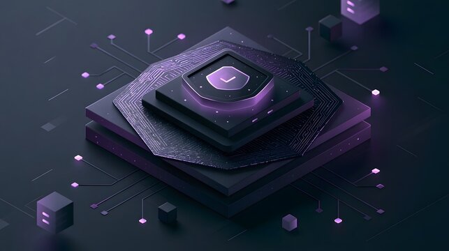 Isometric cybersecurity illustration with verified shield checkmark and data nodes