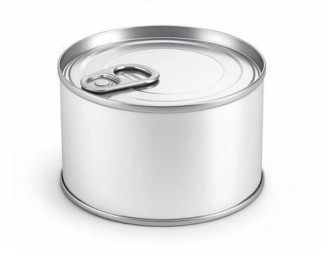 Blank white tin can with a pull-tab on a light grey backdrop