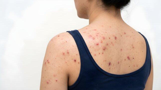 Detailed view of a person's upper back and shoulders showing numerous acne breakouts, pimples, and skin irritation, highlighting dermatological concerns
