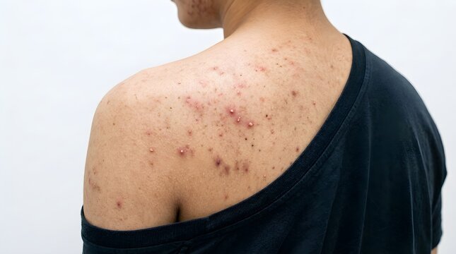Detailed view of human back skin with acne breakouts and red inflammation