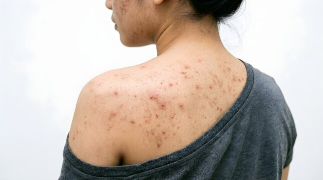 Woman's back with acne scars and pimples close-up view, skin imperfections