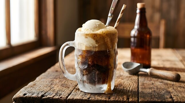 Classic root beer float with vanilla ice cream in a frosted mug on a rustic wooden table
