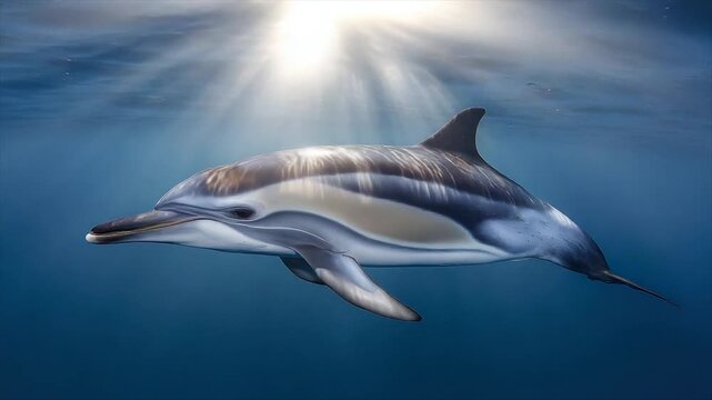 A dolphin swims underwater, sunlight streams down. Detailed view shows skin pattern and eye