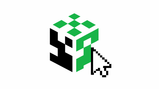 Pixelated 3D cube with computer cursor arrow graphic.