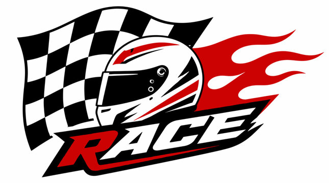 Racing helmet with checkered flag and flames logo.