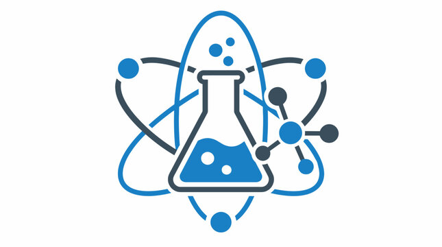 Science logo with chemistry flask and atomic orbits.