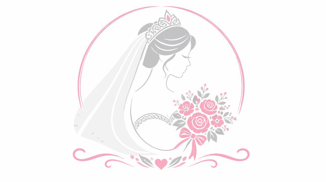 Bride silhouette with wedding bouquet and floral frame.