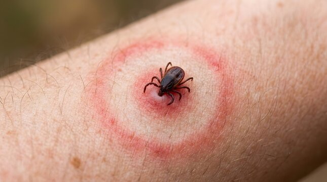 Close-up macro shot of a deer tick embedded in human skin, creating a distinctive red bull's-eye rash, a potential sign of Lyme disease requiring immediate medical evaluation