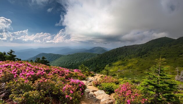 Mountain Landscape With Clouds Along The Appalachian Trail At Roan Mountain During The Rhododendron Blooms In The Summer