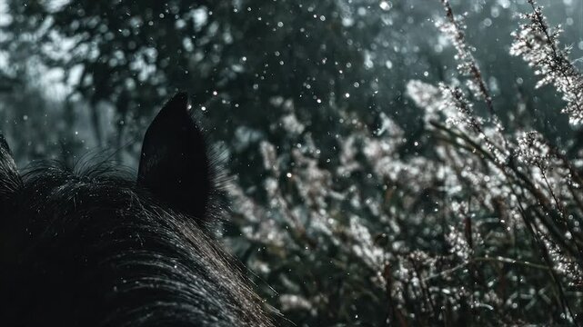 Close-up of a horse's ear and mane, with blurred rain and plants in the background