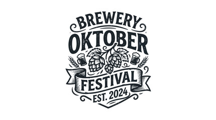 Obraz premium Brewery Oktober Festival Emblem with Hops and Beer Mugs