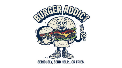 Obraz premium Funny Burger Addict Cartoon Character Illustration