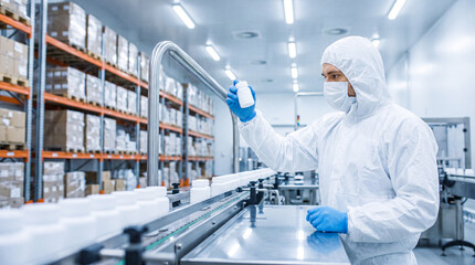 Naklejka premium Worker inspecting pill bottle in factory. Pharmaceutical technician checking medicine quality.
