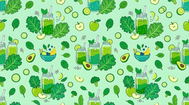 Seamless pattern of healthy green smoothies and fresh ingredients