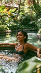 Fototapeta premium Young woman relaxing in a natural hot spring surrounded by lush tropical foliage